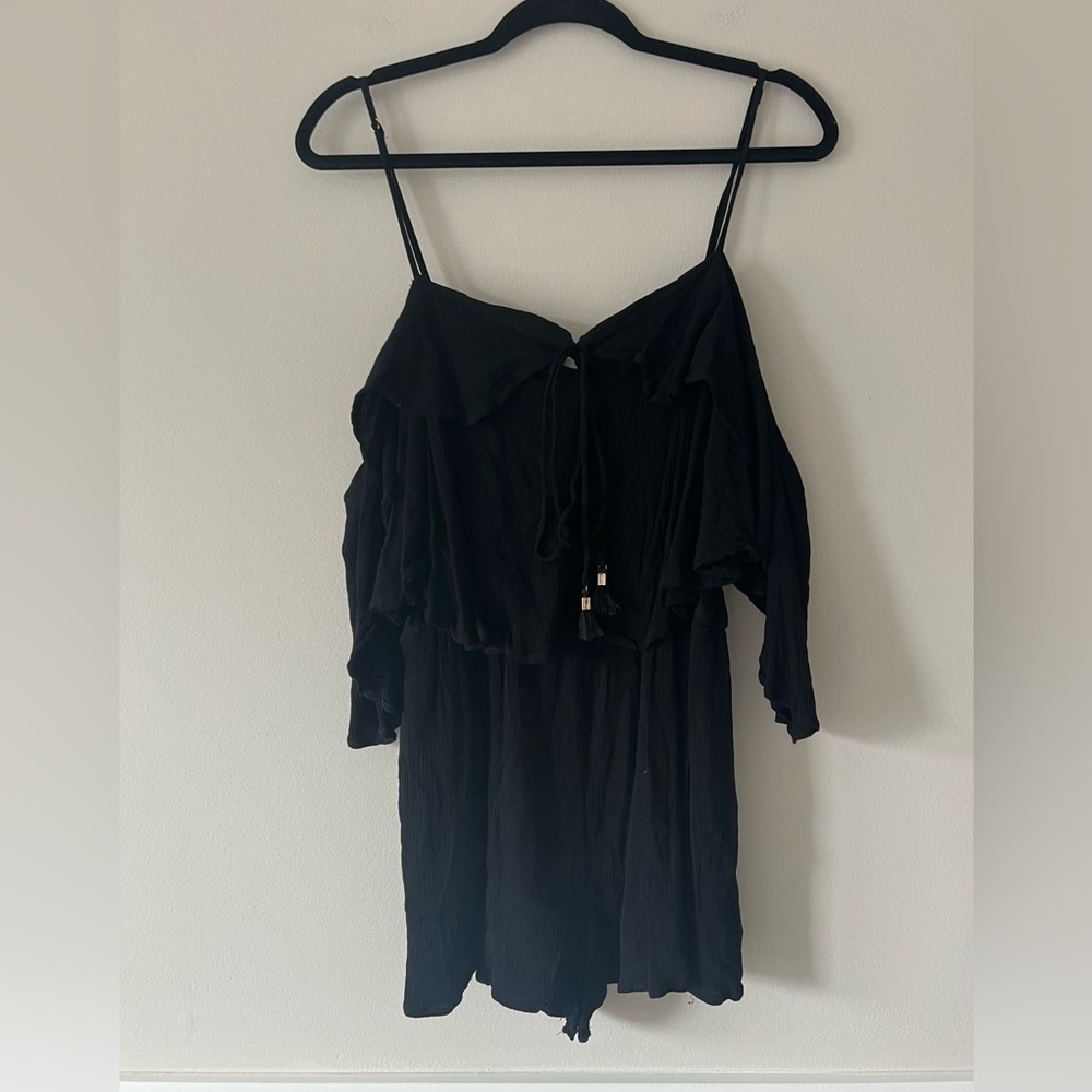 L*Space Off-Shoulder Black Romper Size L Tassel Tie Flowy Rayon